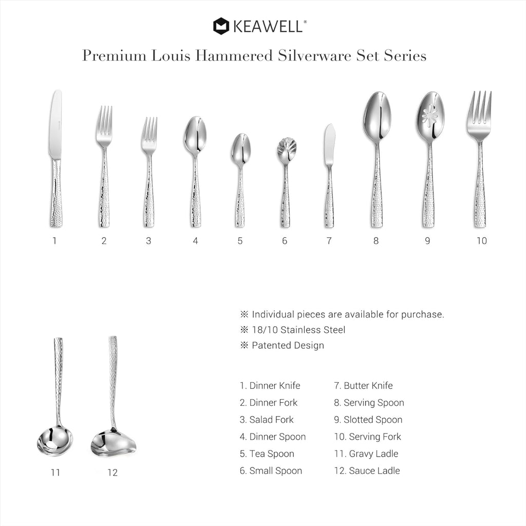 Premium 20/45/65-Piece Louis Hammered Silverware Set with Squared Edge, 18/10 Stainless Steel, Service for 4/8/12