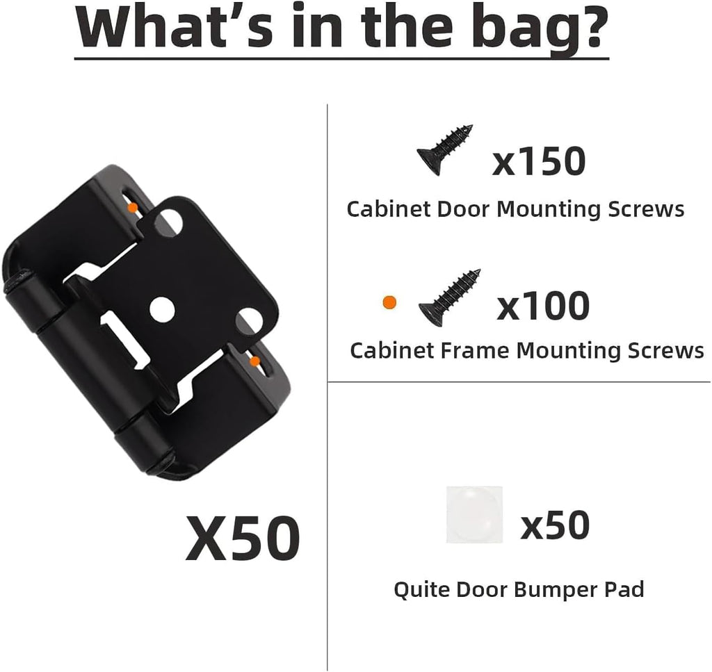 50 Pack 1/2" Overlay Black Cabinet Hinges for Cabint Doors (25 Pairs) - Self-Closing Partial Wrap Semi-Concealed Face