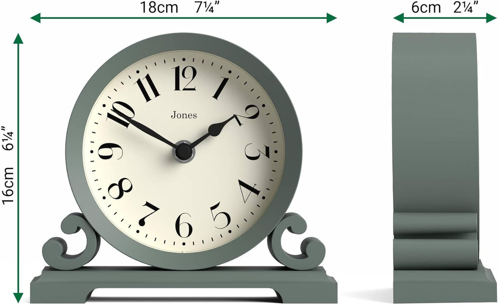 CLOCKS Saloon Mantel Clock | Small Traditional Double Scroll Design | Green | Contemporary Classic Style for