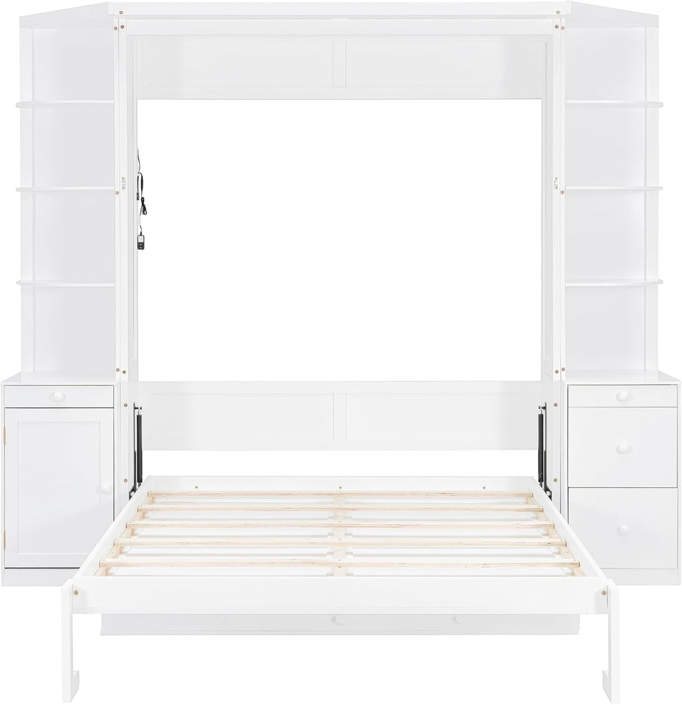 Murphy Bed with Desk, Lights, Storage Shelves and Cabinets, Hidden Wall Bed for Home Office, Space-Saving Design