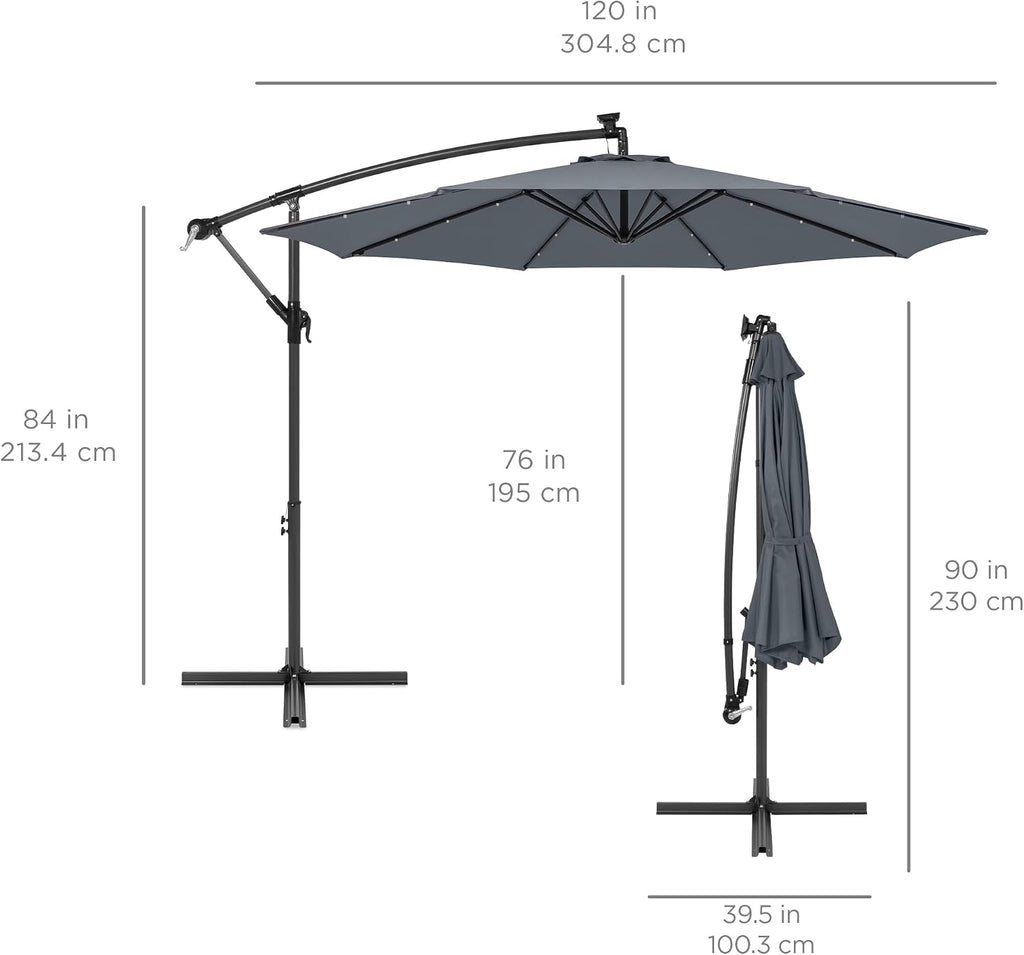 10ft Solar LED Offset Cantilever Hanging Market Patio Umbrella, 8 Sturdy Ribs, Easy Adjustment - Slate