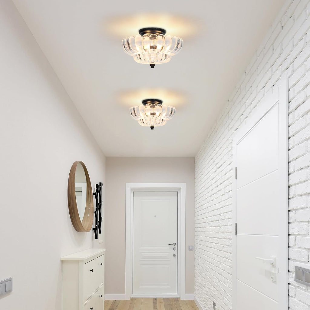11.8-Inch Black Semi Flush Mount Ceiling Light, Modern 3-Light Clear Glass Chandelier Light Fixture Kitchen Bathroom