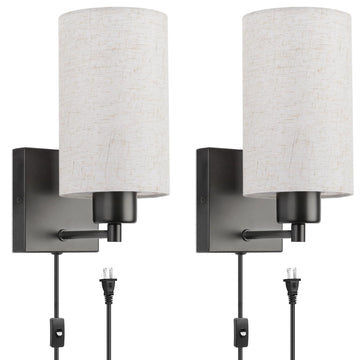 Plug in Wall Sconce Set of 2, Fabric Shade Wall Lamp Light Fixture