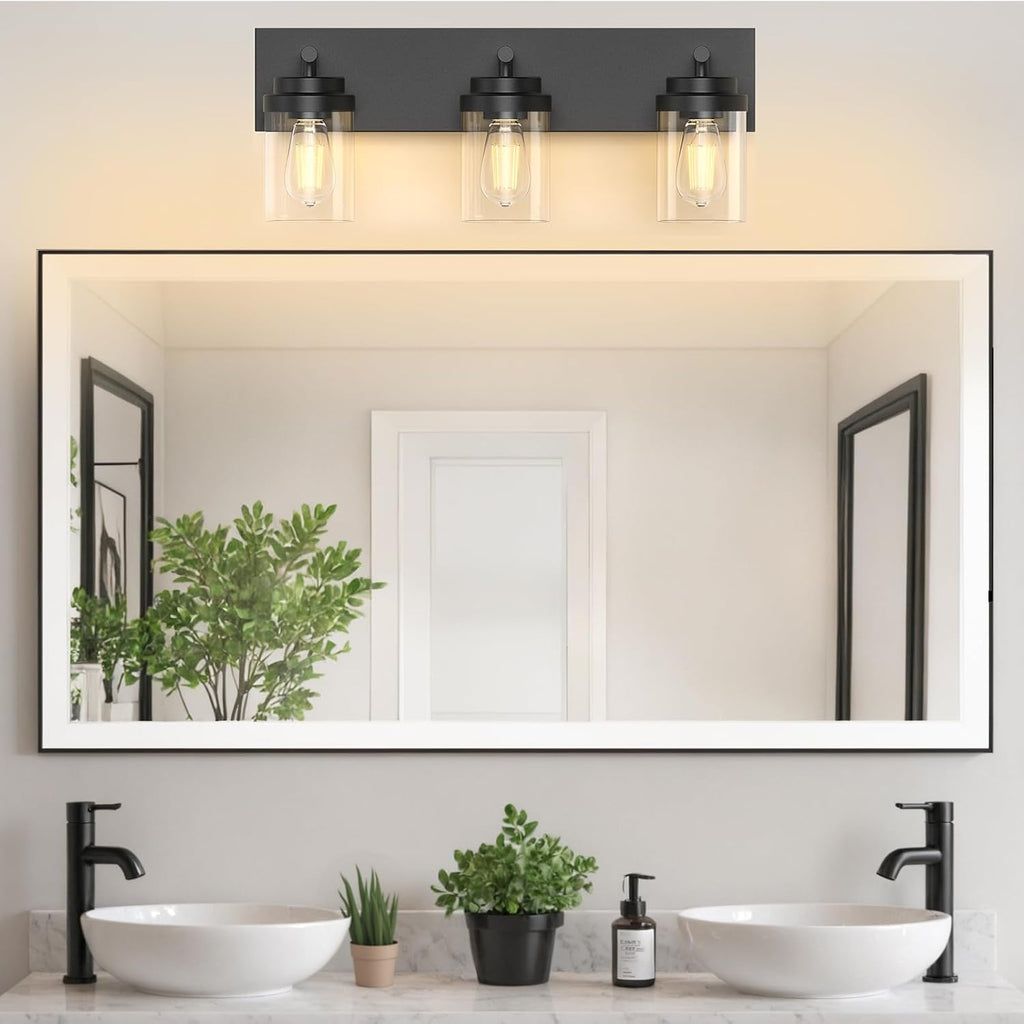 Bathroom Vanity Light Fixture, 3-Light 22 Inch Matte Black Bathroom Light Fixtures Over Mirror, with Clear Glass