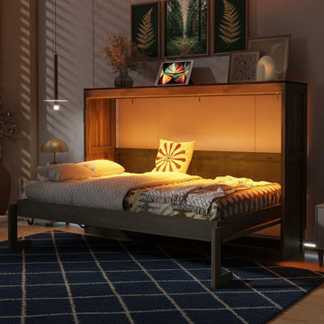 Folding Wall Bed Twin, Hidden Murphy Bed Twin with LED Lights, Space Saving for Bedroom Office, Brown
