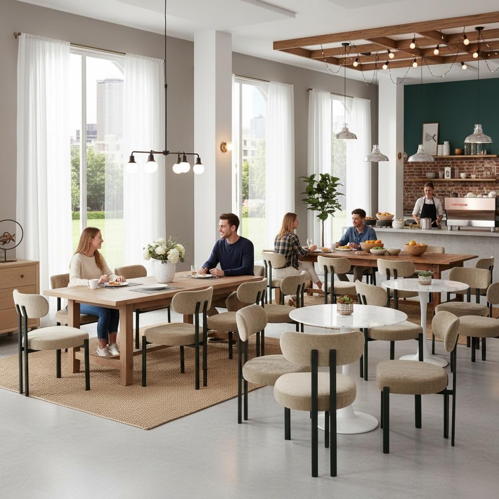 Chenille Dining Chairs Set of 2, Modern Curved Back Armless Kitchen Chairs with Black Metal Legs Upholstered Dining Room Chairs Reception Chairs for Living Room Office Restaurant, Khaki