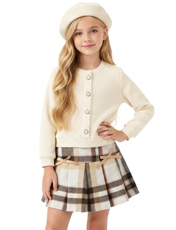 Toddler Girl 2 Piece Skirt Sets Apricot Sweaters and Khaki Pleated Plaid Skirt 2 Piece Outfits Crew Neck Long