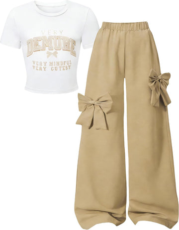 2 Pieces Outfits Graphic Letter Print Crop Top & Bow Wide-Leg Pants Girl Clothes Set
