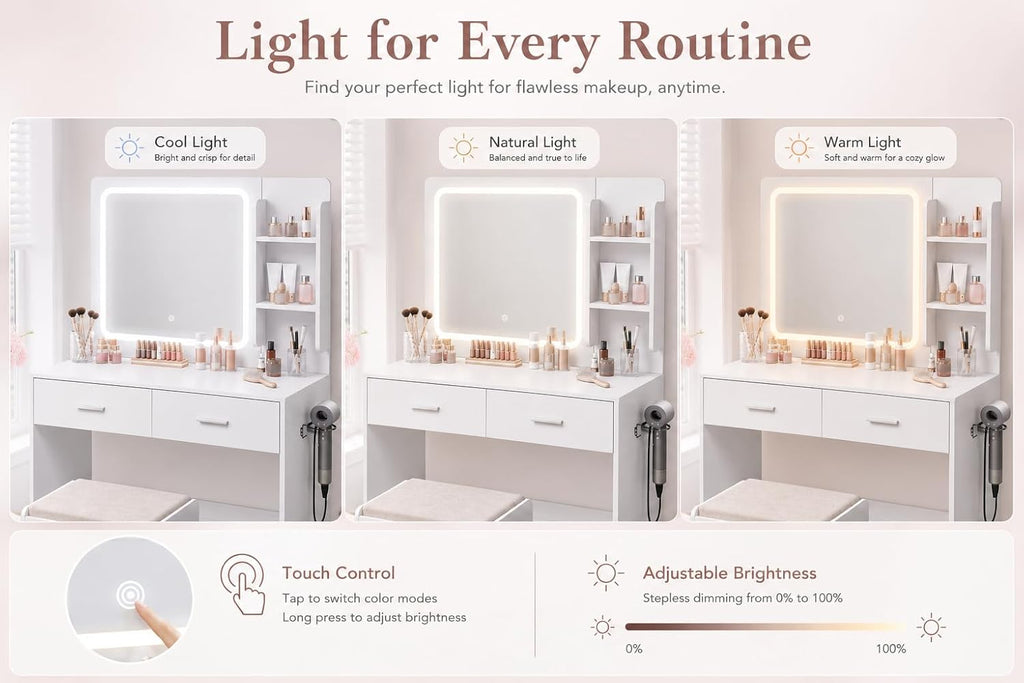 Makeup Vanity Desk with Lighted Mirror and Charging Station, White Vanity Table Set with Stool, 2 Drawers, 2 Shelves