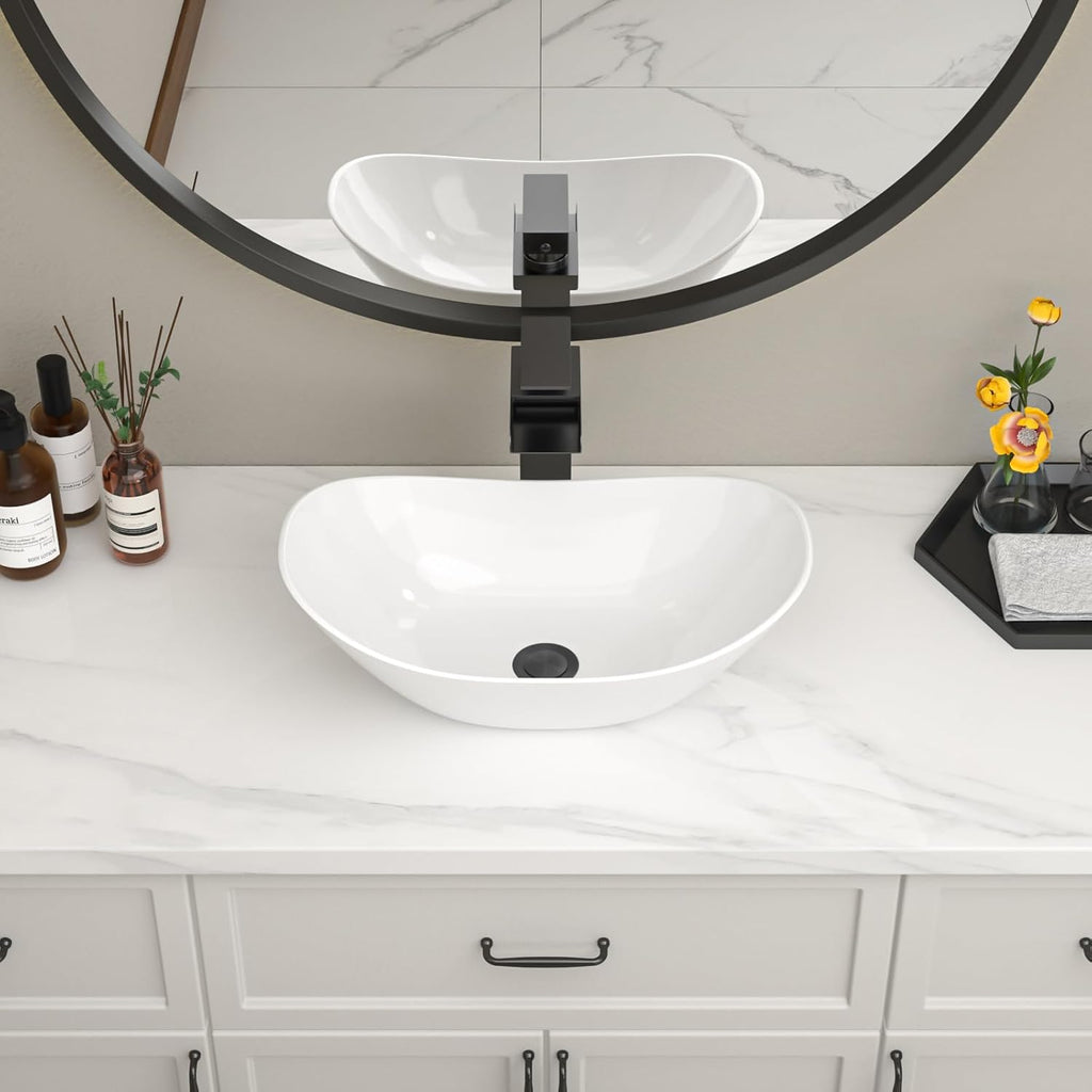 Bowl Sink For Bathrooms 17" x 11" Oval White Vessel Sink Modern Boat Shape Artistic Basin Bathroom Vessel Sinks Above