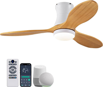 42 Inch Inspired Maverick Style Low Profile Smart Ceiling Hugger Fan with LED Light & Remote - Flush Mount, Solid Wood Blades, 6-Speed - White