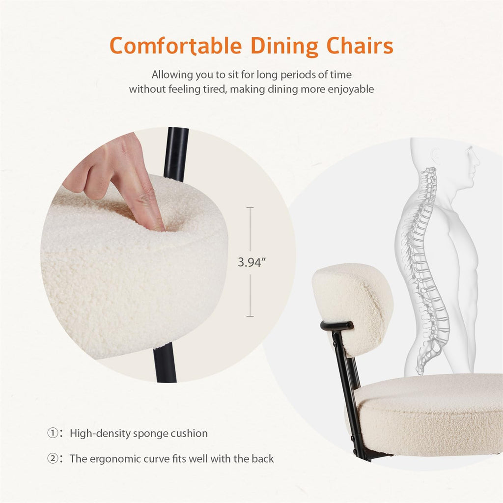 Dining Chairs Set of 2, Mid Century Modern Boucle Upholstered Kitchen Chair with Curved Backrest & Metal Legs for Home/Living Room/Bedroom/Office-White