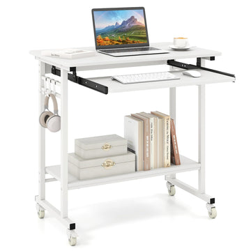 Rolling Computer Desk, Mobile Portable Desk with Keyboard Tray & Wheels, Laptop PC Table Cart with Shelf & Hooks