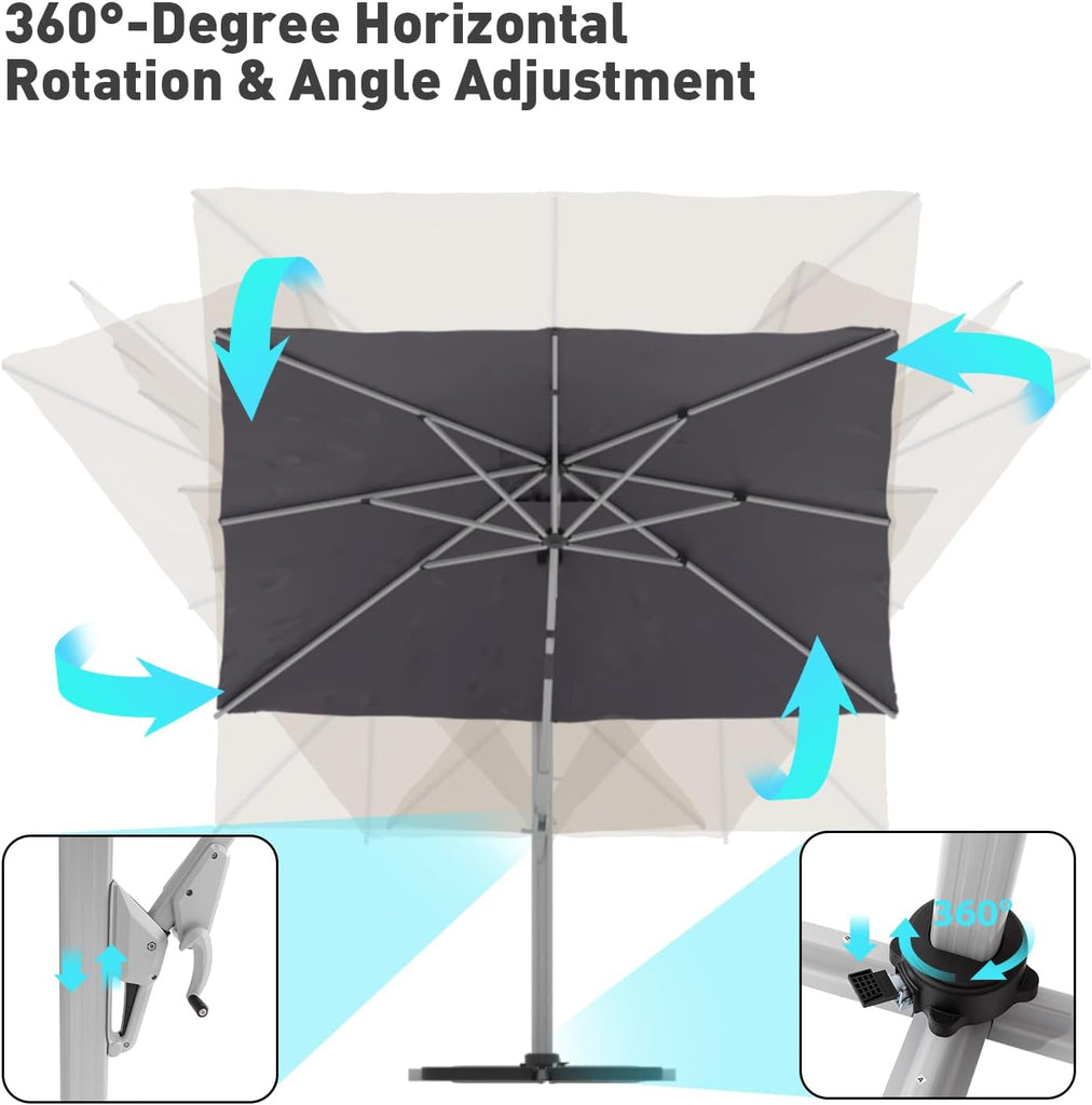 10'x10' Patio Umbrella Cantilever Outdoor Rectangular Offset Umbrella with 360°Rotation