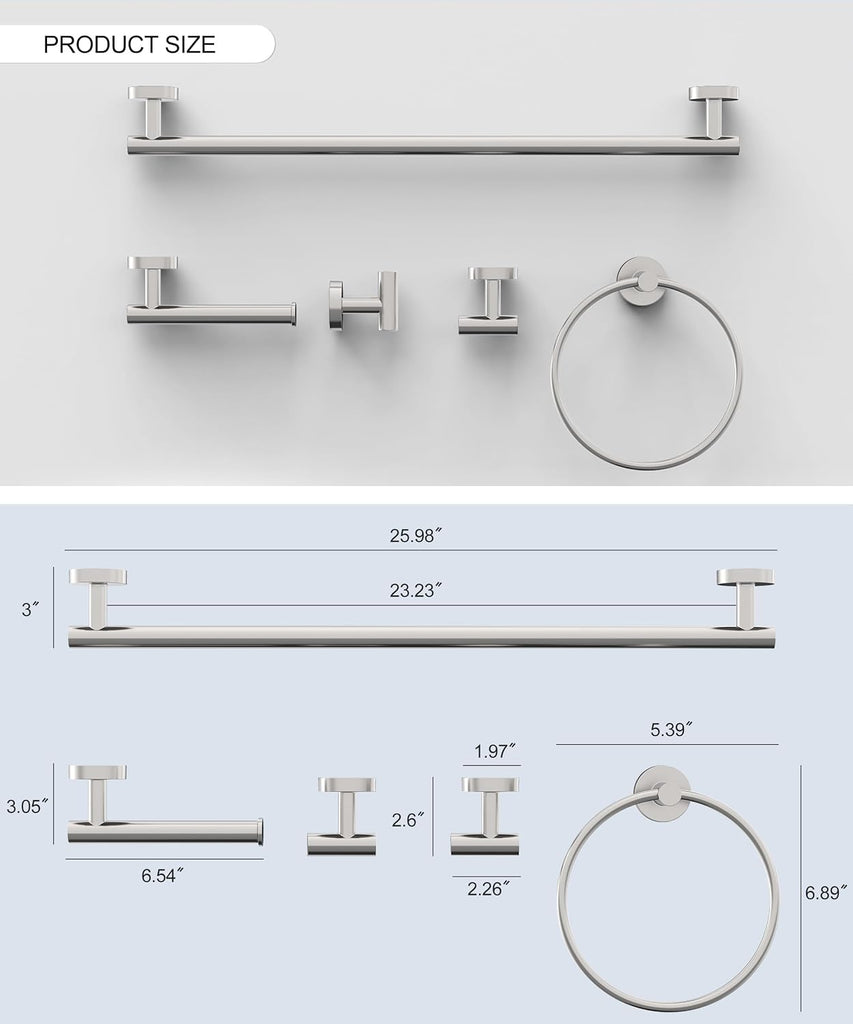 Brushed Nickel Bathroom Hardware Accessories Set 5 Pcs | SUS304 Stainless Steel 26 Inch Hand Towel Bar Toilet Paper