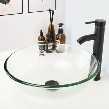 Design Vessel Sink Bathroom Sink above counter Small Vessel Sink Bathroom Sink Bowl Countertop Modern Sinks with faucet and drain combo 16.5" Round Transparent New