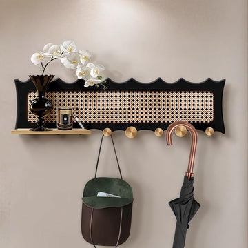 Mid-Century Wall-Mounted Coat Rack with Shelf Rattan-Inspired Entryway Organizer with 6 Hooks Wooden Hanging Rack