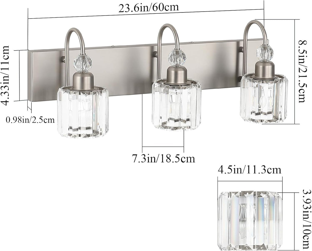 Brushed Nickel Vanity Light Crystal 3-Light Modern Bathroom Light Fixtures