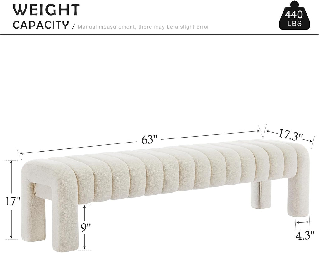 63" Bedroom Bench, Upholstered Entryway Bench, Modern End of Bed Ottoman with Solid Wood Legs and Adjustable Foot