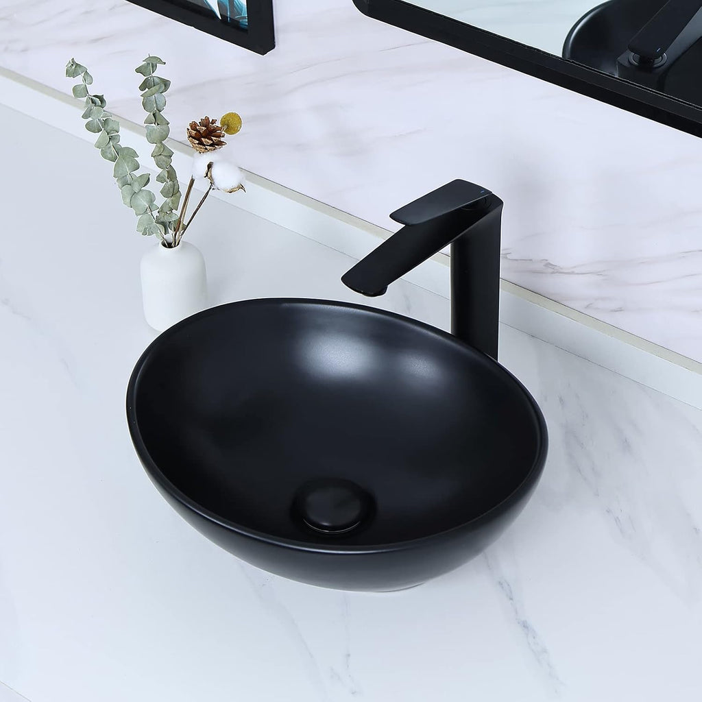 15.7" x 13" Matte Black Oval Vessel Sink with Pop Up Drain,Bathroom Sinks Above Counter,Bathroom Vessel