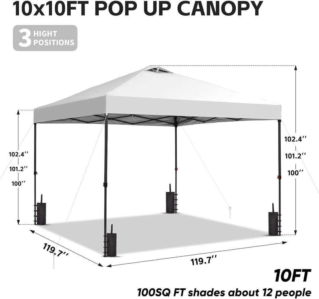 10x10 Pop Up Canopy Tent, Outdoor Gazebo with 4 Sandbags, Easy Up Canopy with 3 Adjustable Heights for Events, Parties
