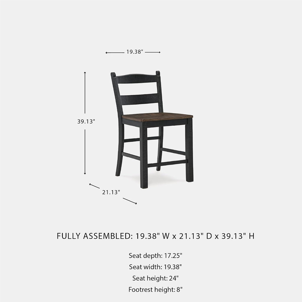 Valebeck Casual Rustic Counter Height Bar Stool with Contoured Seat and Footrest, Set of 2, Wood, 24" High, Black