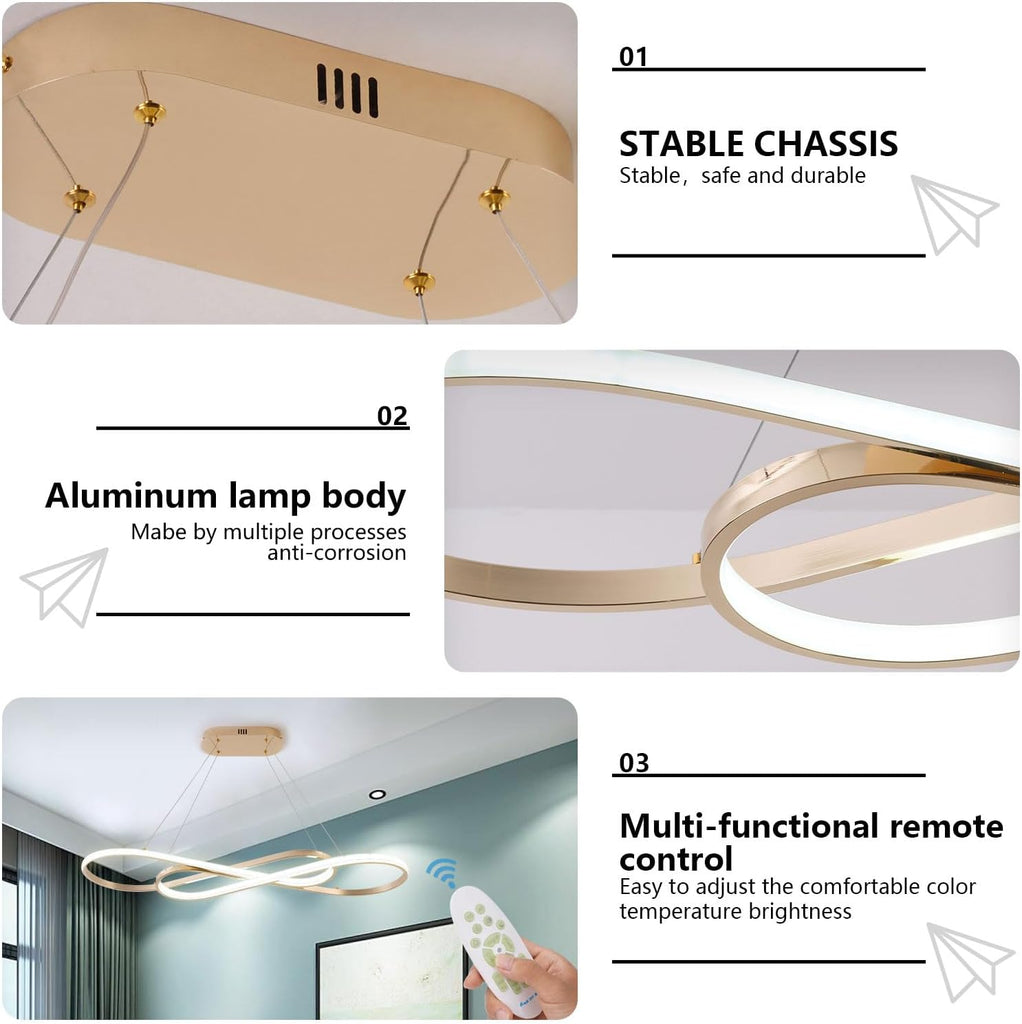 Gold 29.53in Dimmable Modern LED Pendant Chandelier | Height adjustable design, remote control included, suitable for kitchen island, dining room indoor decorative lighting