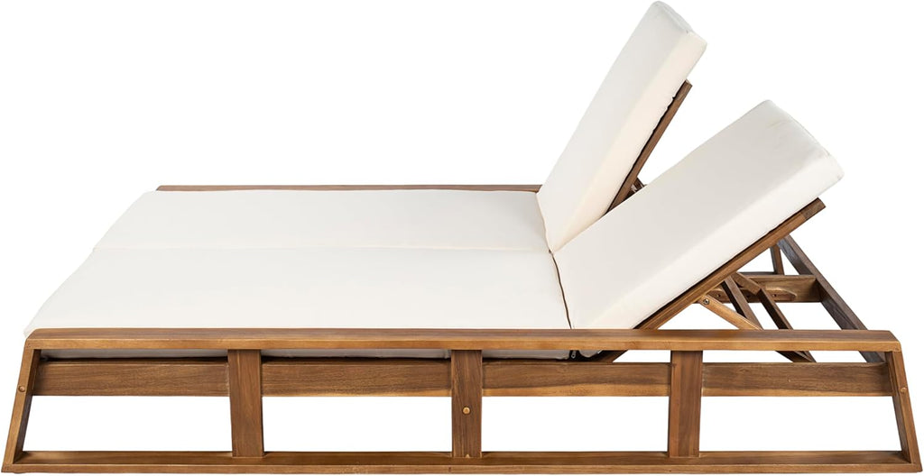 Acacia Wood Outdoor Double Chaise Lounge with Adjustable Backrest Patio Daybed with Thick Cushions Backyard Balcony