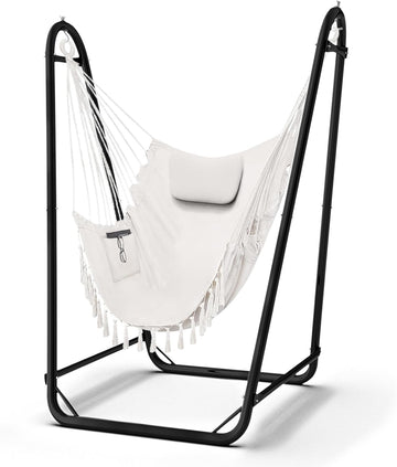 Hammock Chair with Stand, 350 lbs Swing Chair for Indoor Outdoor | U-Shape Anti-Tip Base, Steel Frame,Cotton Chair