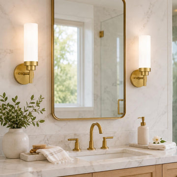 Wall Sconces Set of 2, Modern Brushed Gold Bathroom Vanity Sconce Wall Lighting with Milk Glass Shade for Bathroom