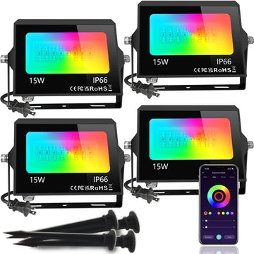 RGB LED Flood Light Outdoor with IP66 Waterproof, 4 Pack Bluetooth APP Control Uplight, 16 Million DIY Color Changing