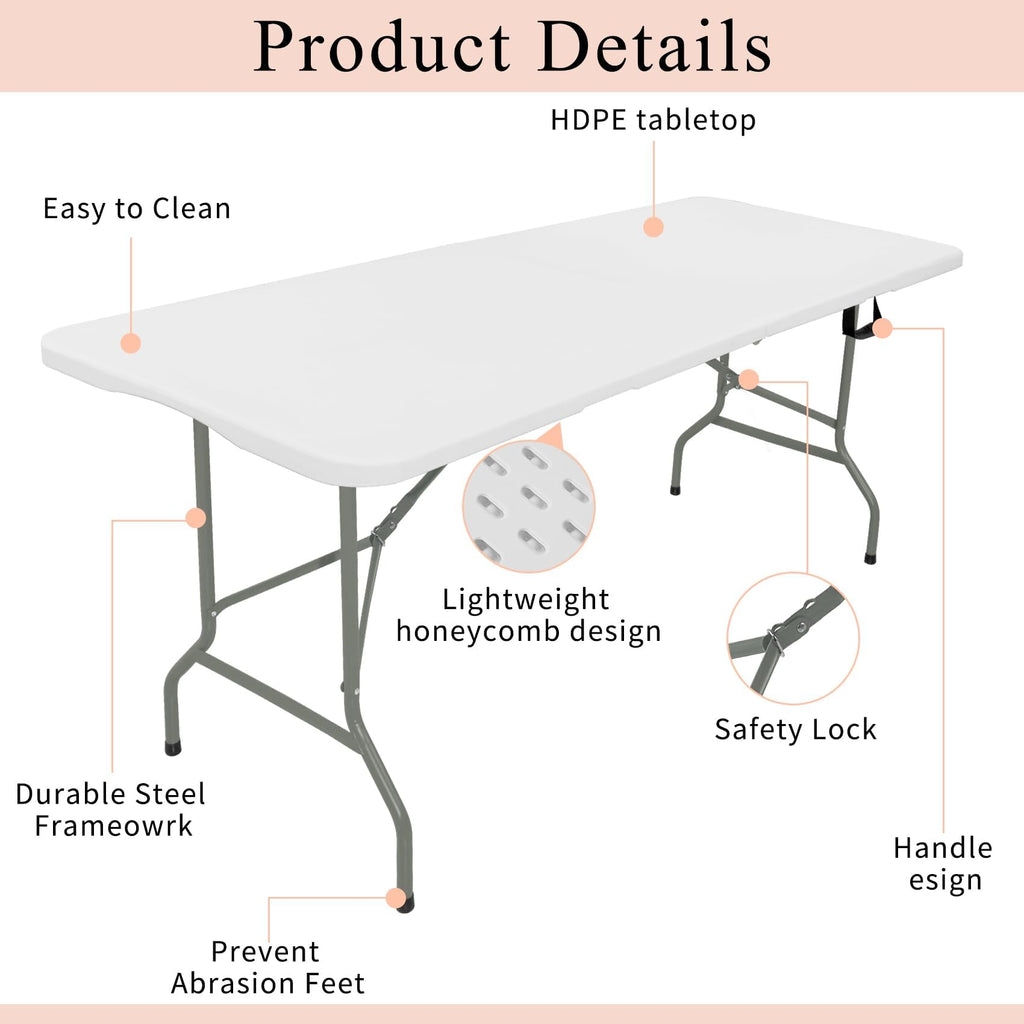 Set of 2 Folding Tables with Carrying Handle Lightweight 6FT Rectangular Portable Plastic Camping Table Steel Legs