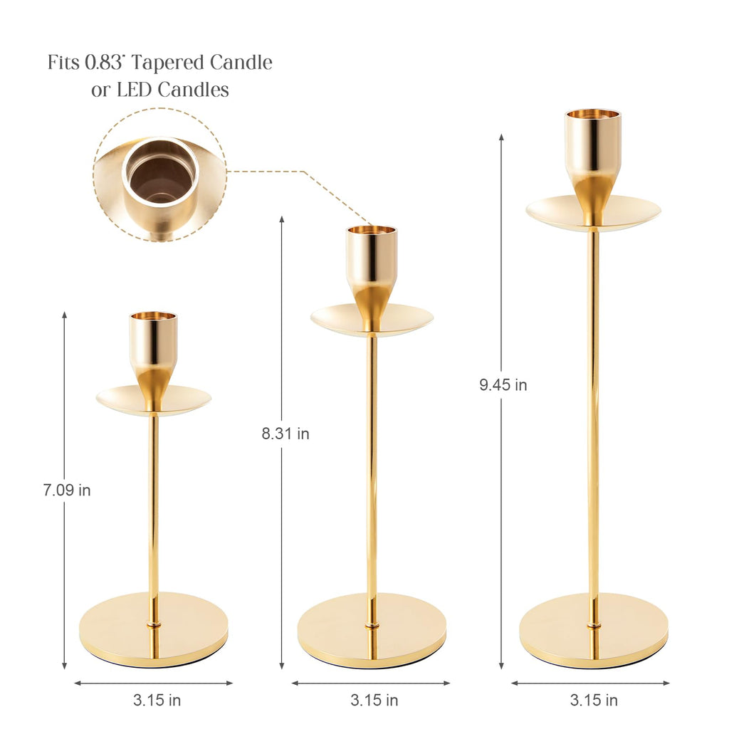 Gold Candle Holders, Brass Taper Candlestick Holders Set of 3