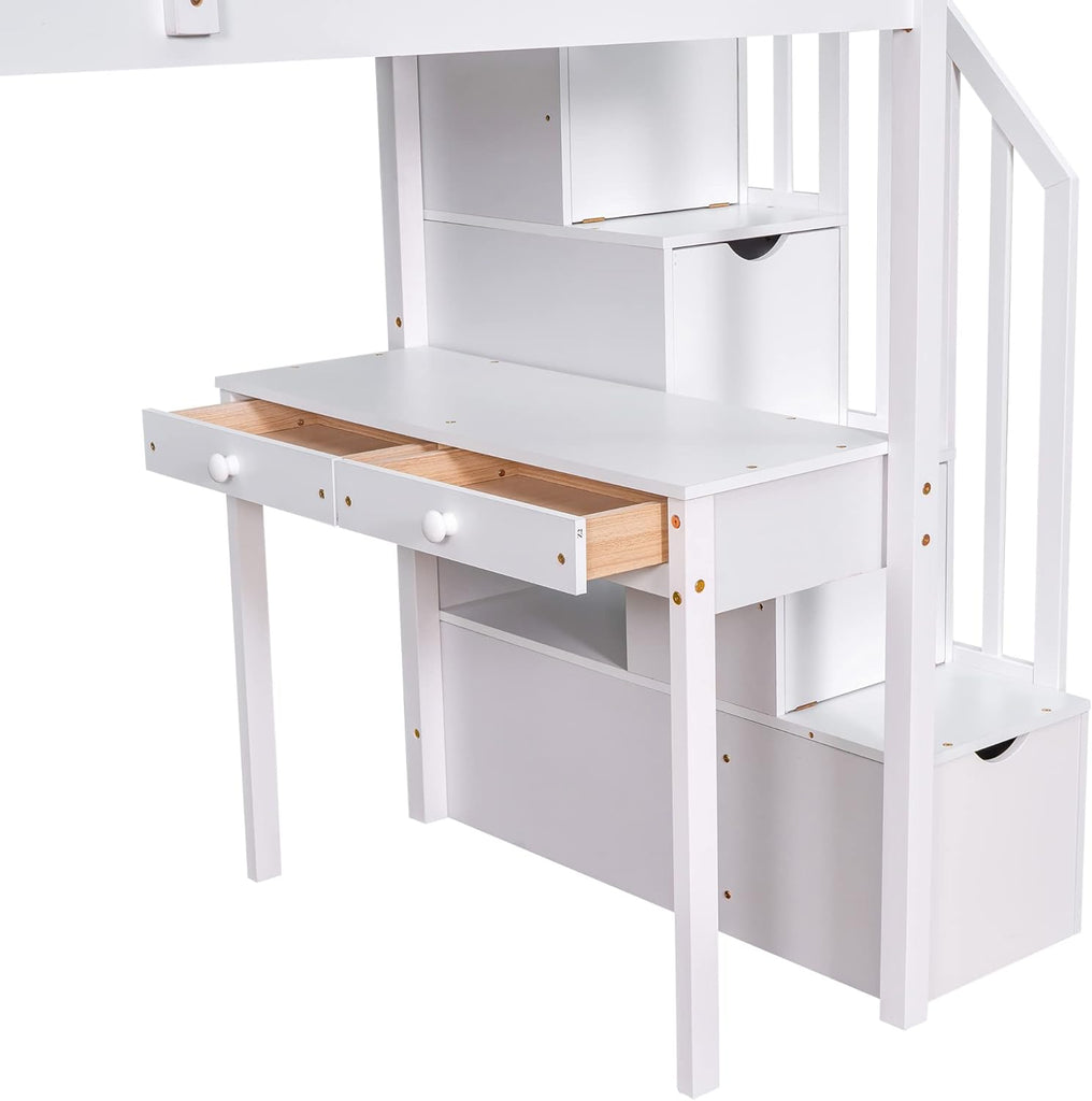 Loft Bed Twin with Desk and Storage Stairs, Space-Saving Wood Bed Frame with Drawers and Shelves