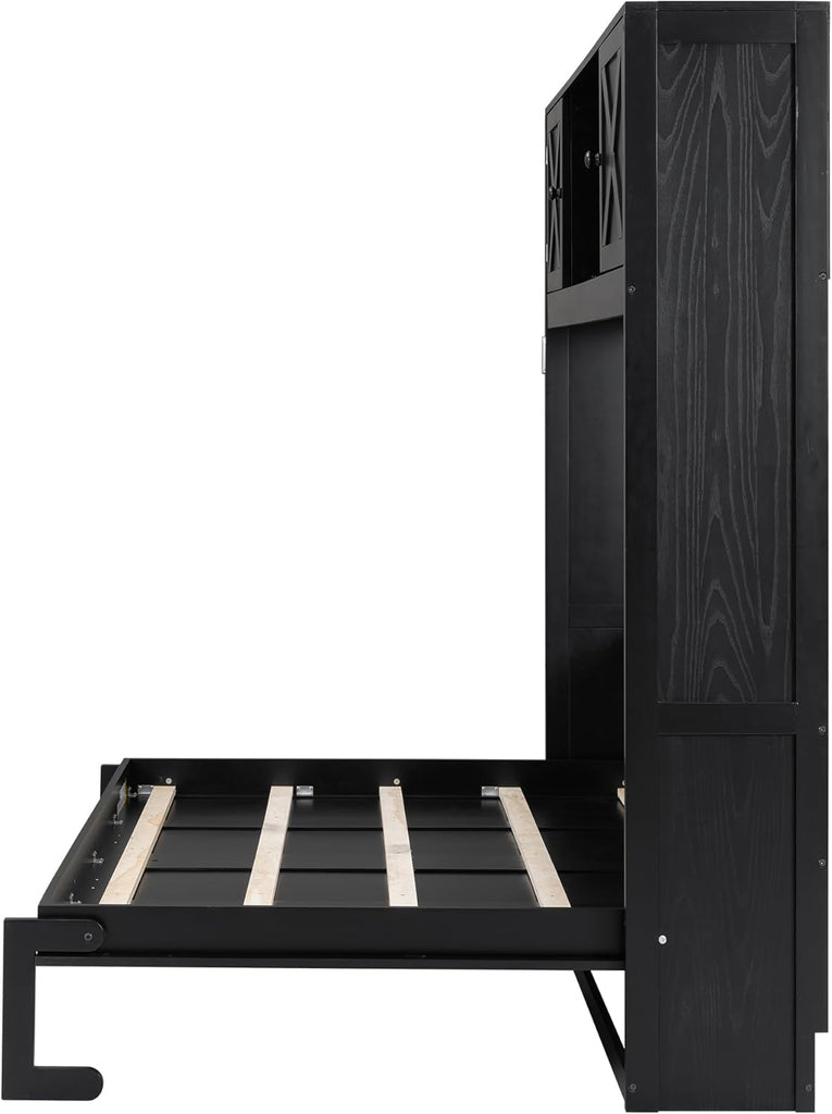 Queen Murphy Bed with Storage Cabinets, Wood Murphy Bedframe with Bookcase Shelves, Folding Wall Bed Cabinet for Adults (Black)