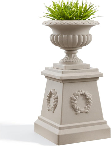 20" H Large Plastic Roman Urn Planter with 28" Tall Decorative Pedestal | Faux Sandstone/Marble Finish