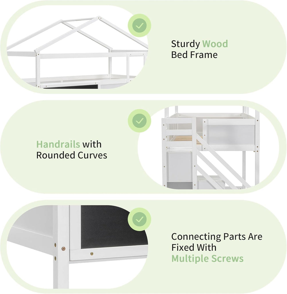 Wood Twin Over Full House Bunk Bed with Ladder, Solid Pine Wood Bunk Bed Frame with Safety Guardrails