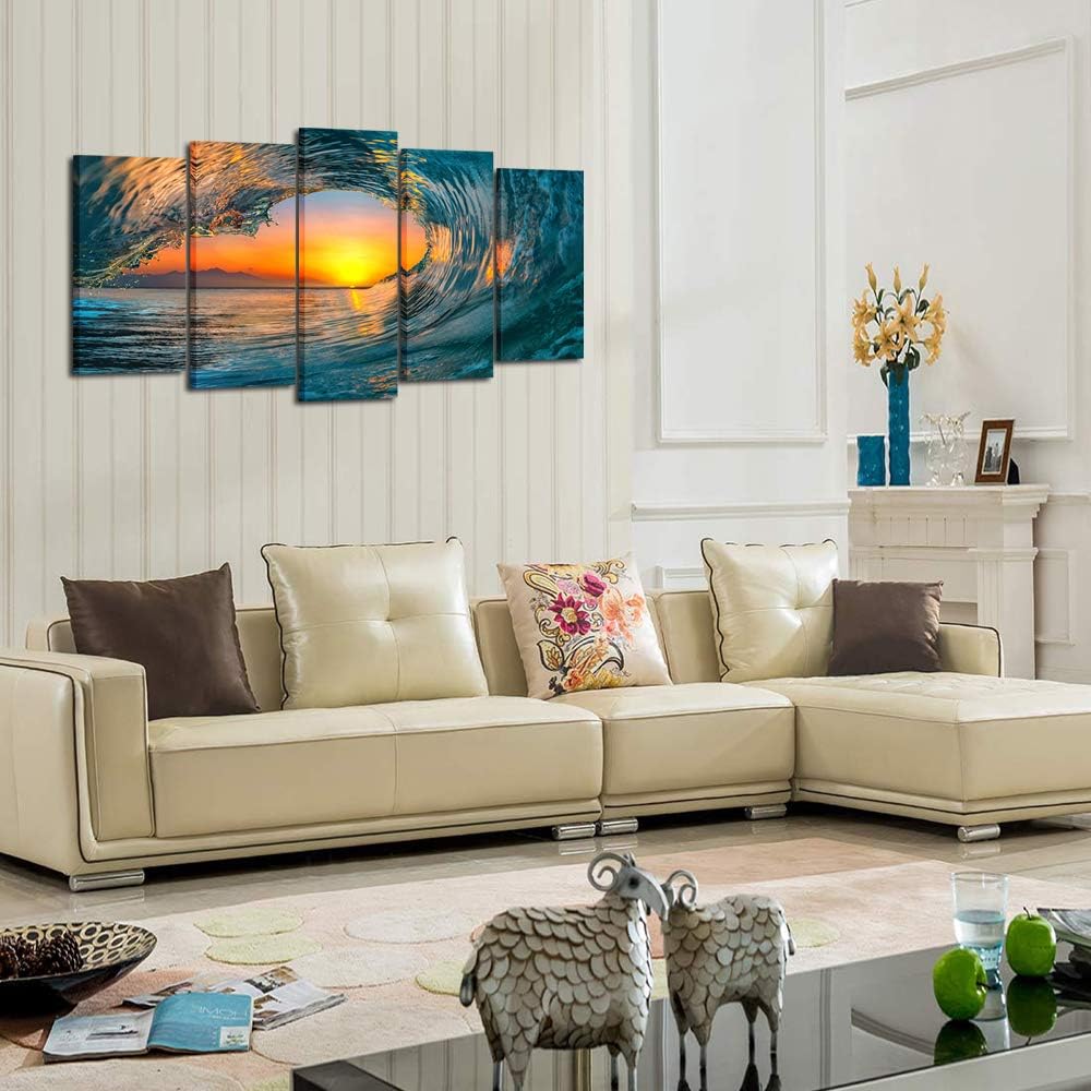 Large 5 Piece Sea Waves Wall Art Modern Framed Giclee Canvas Prints Seascape Artwork Ocean Beach Pictures Paintings