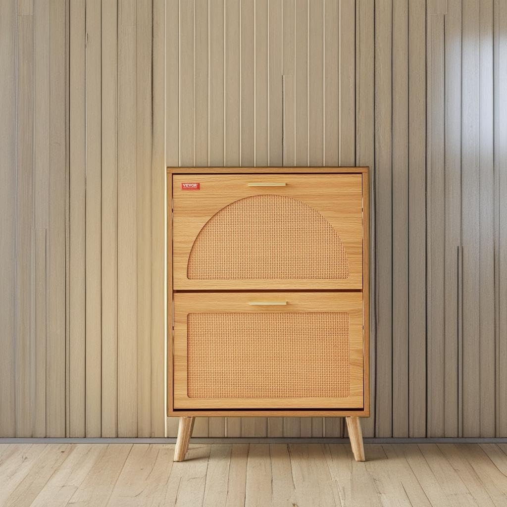 Shoe Cabinet with 2 Flip Drawers, Shoe Storage Cabinet , Free Standing Shoe Storage Organizer with Rattan Doors for