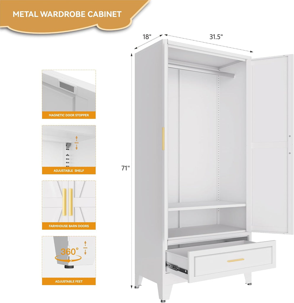 Metal Wardrobe Closet , 71" Freestanding Armoire Wardrobe with Drawer and Shelf, Hanging Rod Clothing Storage Cabinet