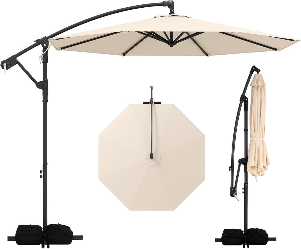 10ft Patio Umbrella with Base Included, Offset Cantilever Outdoor Umbrella with 360 Degree Rotation, Crank Handle