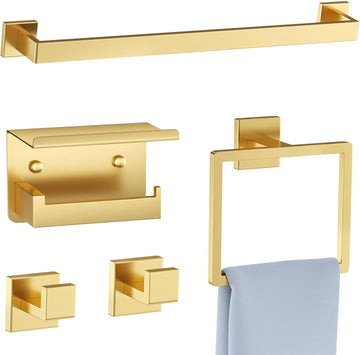 5-Piece Bathroom Hardware Set Brushed Gold Towel Bar Set,Stainless Steel Towel Holder Set ,Wall-Mounted Towel Rack