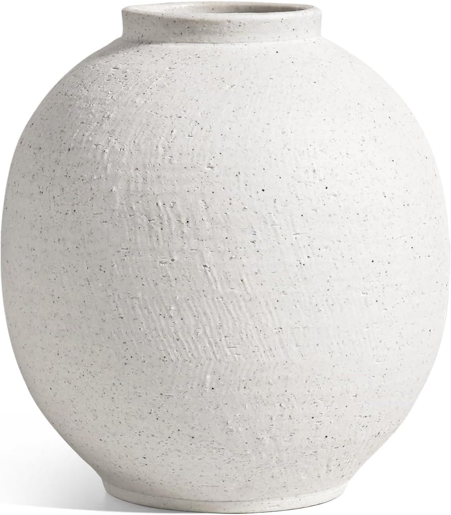 Small White Ceramic Vase - 6.3 Inch Rustic Farmhouse Flower Vase