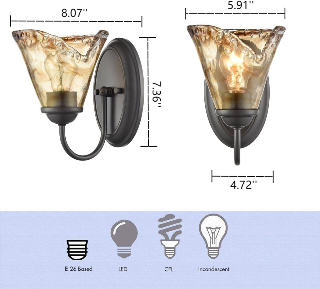 Rustic Wall Sconce Vintage Vanity Light with Amber Glow Glass Shade | Modern Wall Light Bathroom Living Room Hallway