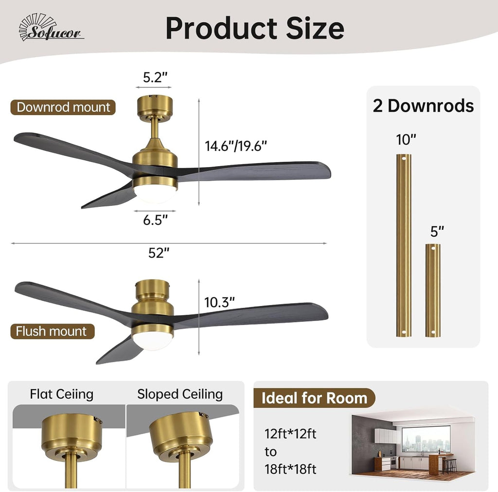 52" Solid Wood Ceiling Fan Lights, Flush Mount & Downrod Mount Ceiling Fan with Lights and Remote