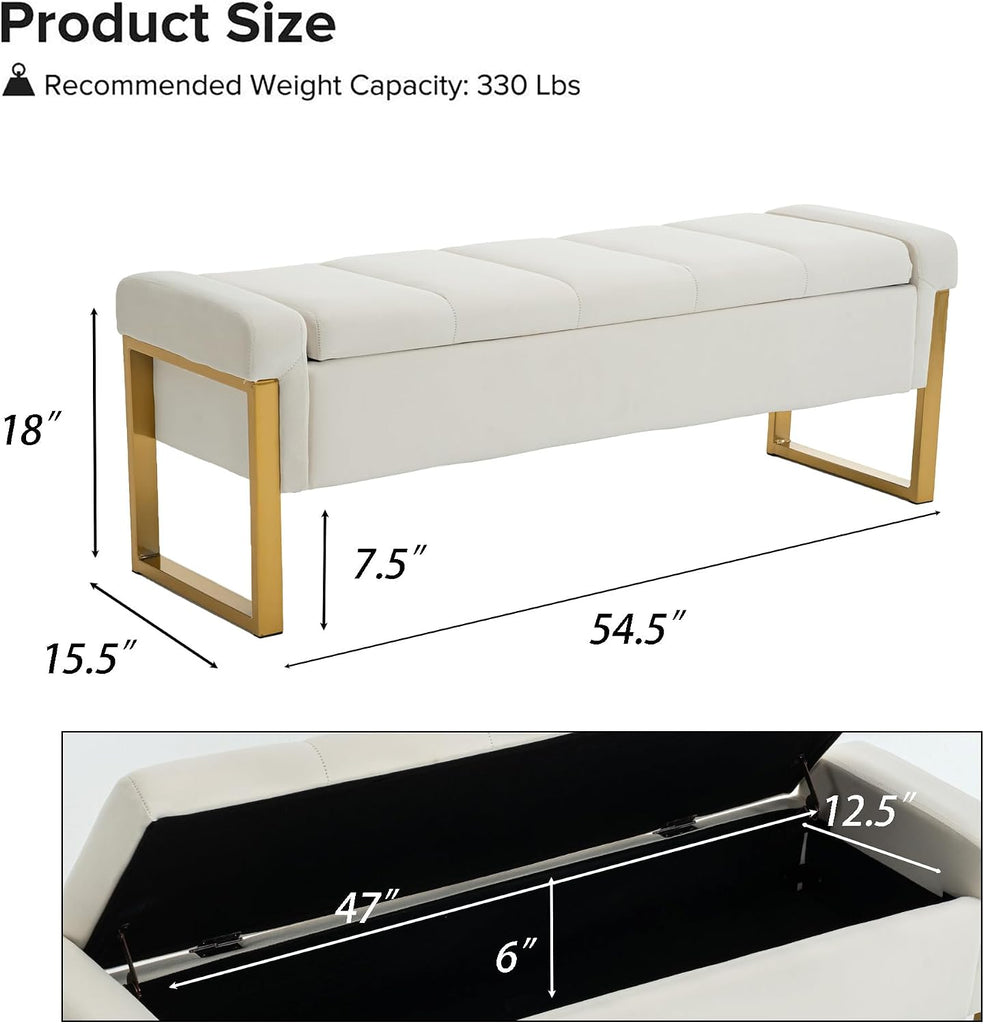 55" Tufted Storage Bench King Bed, Velvet Ivory White
