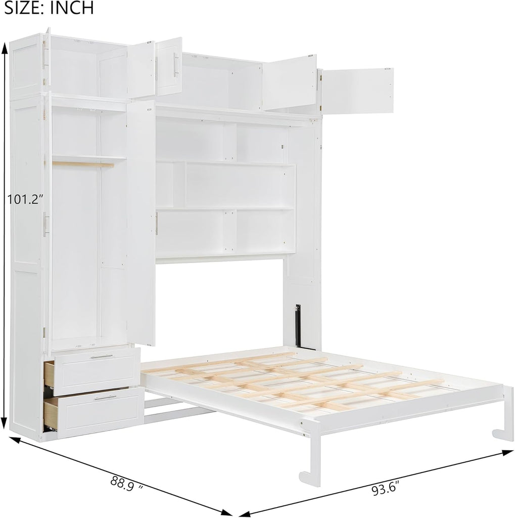 Queen Murphy Bed with Top Cabinet, Shelves and Wardrobe, Fold into The Wall, Space-Saving Design, Multifunctional