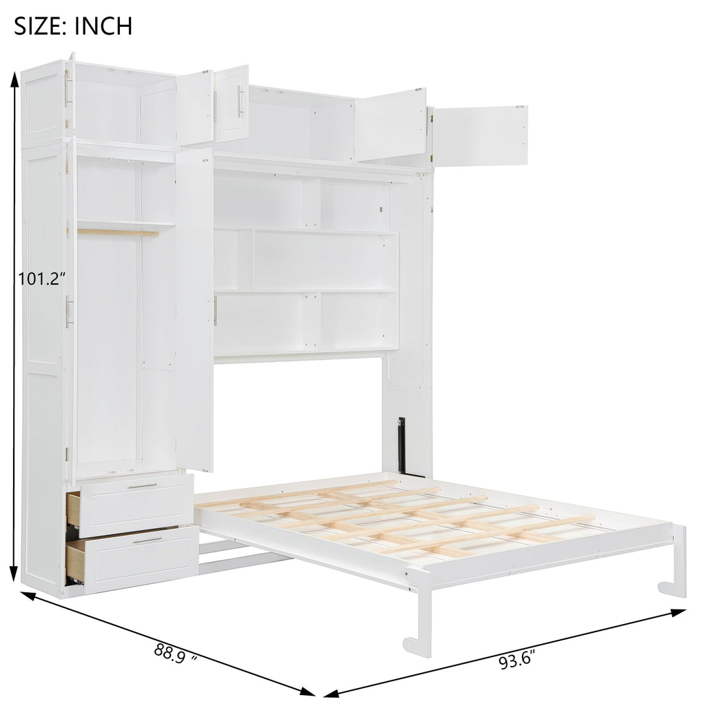 Queen Size Murphy Bed with Wardrobe, Space Saving Hidden Wall Bed Frame with Drawer & Storage Shelves, Foldable
