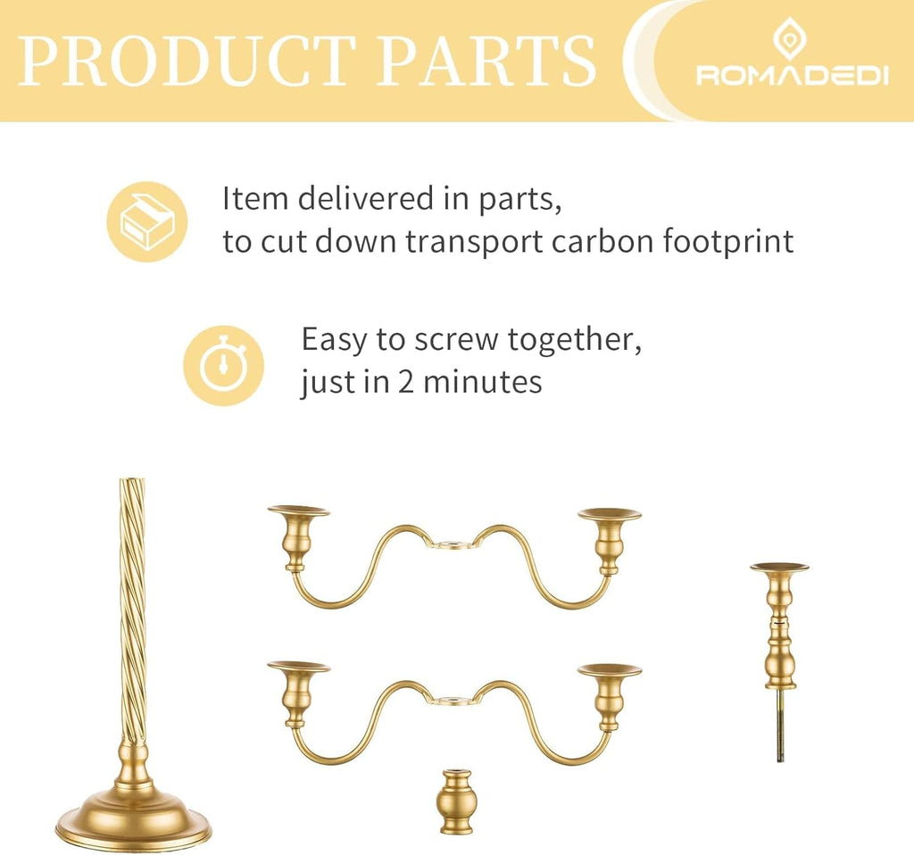 Candelabra Gold Candle Stand: 21'' Tall 5-Branch Candlestick Holderoliday Event Reception Decoration, Set of 2