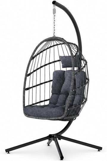 Outdoor Hanging Egg Chair with Stand, Indoor Wicker Egg Shaped Swing Chair with Cushion, 370lbs Capacity Comfy Patio